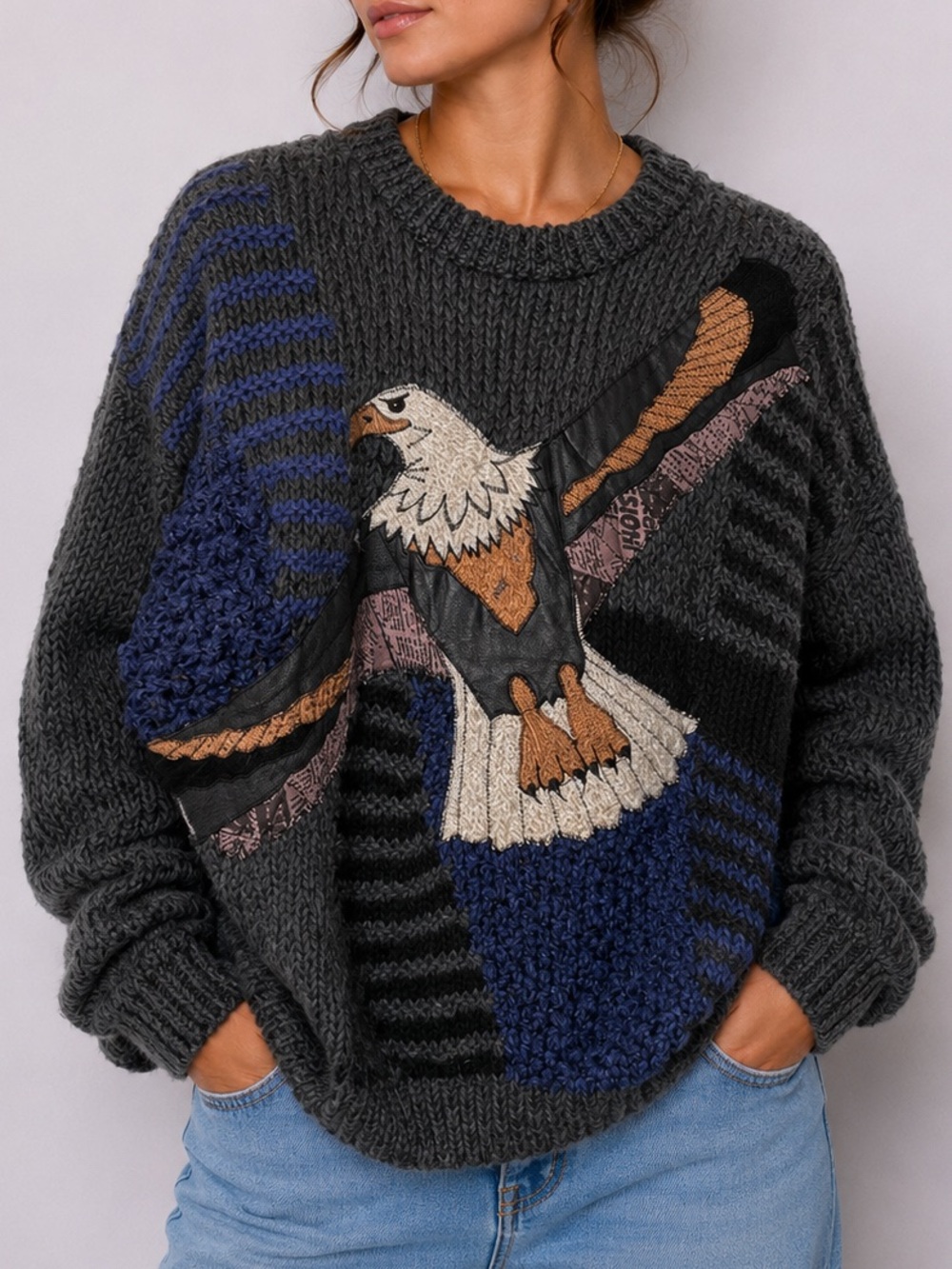 Vintage Sweater Street Scenes Eagle Patch Knit Leather Indigenous Art Warm Cozy